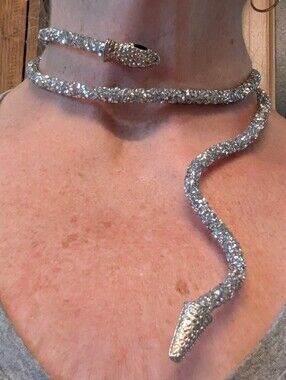 Silver-toned, flexible rhinestone snake choker necklace snake-head & tail ends.